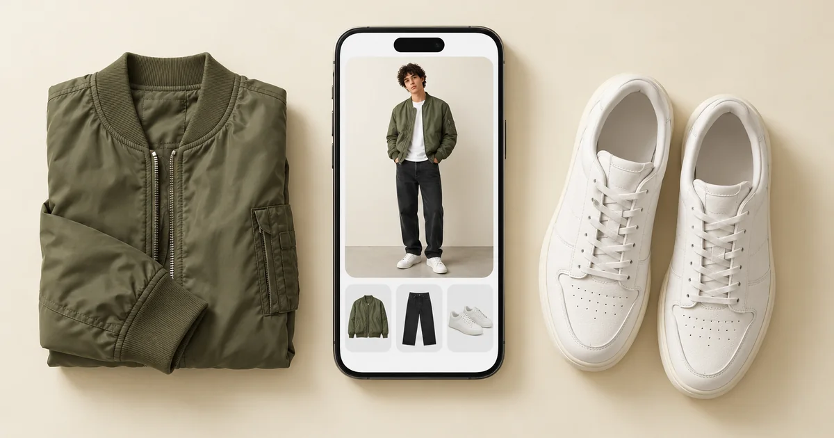 Phone showing a man in an olive bomber jacket, white tee and black jeans, next to the jacket and white sneakers