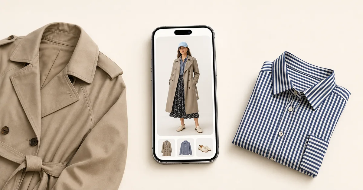 Portrait phone previewing a trench coat beside two coordinated wardrobe pieces on a warm ivory background