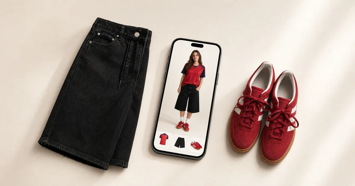 A portrait phone showing a full-body outfit preview beside black denim shorts and red suede sneakers on a warm ivory background