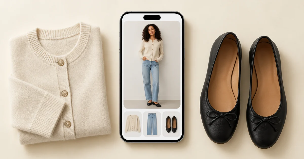 Phone showing a woman in a cream cardigan, light blue jeans and black ballet flats, next to the cardigan and flats