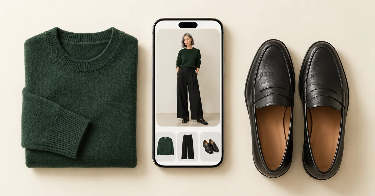 Phone showing a woman in a forest green knit, black trousers and black loafers, next to the knit and loafers