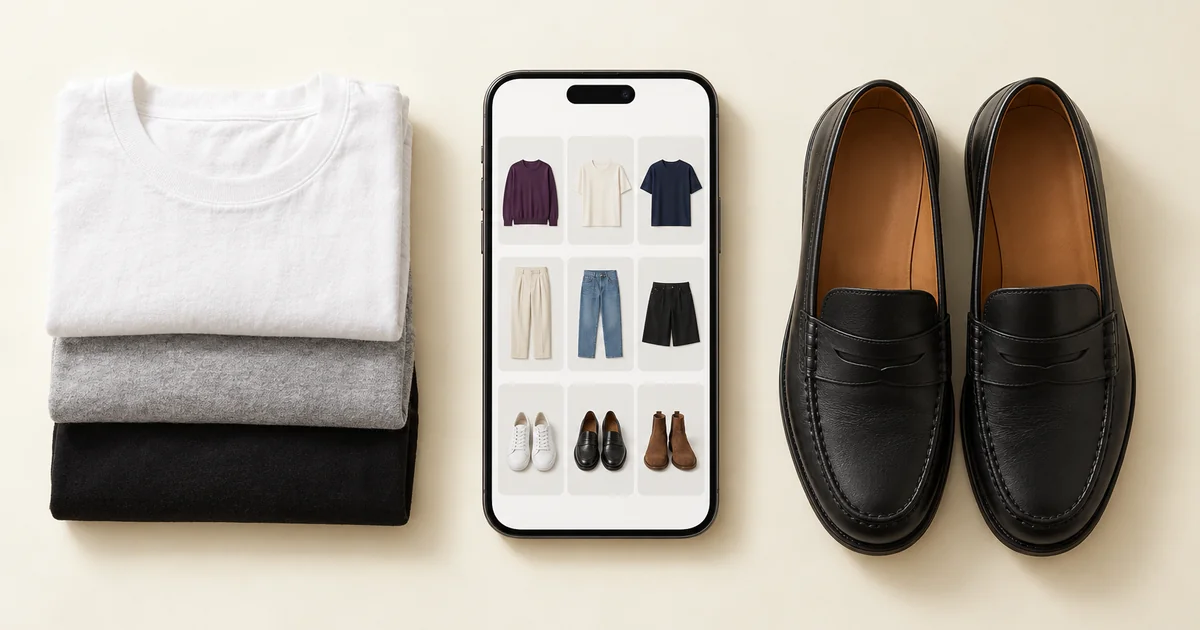 Phone showing a closet sorted into rows of tops, trousers and shoes, next to three folded tees and black loafers