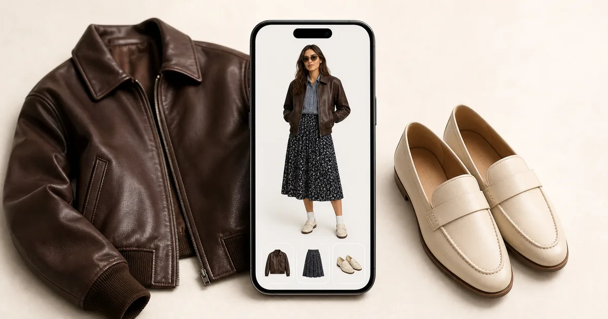 Portrait phone previewing a bomber jacket beside two coordinated wardrobe pieces on a warm ivory background