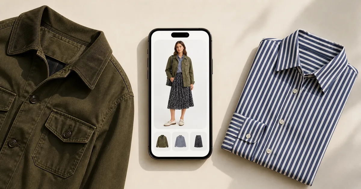 Portrait phone previewing an utility jacket beside two coordinated wardrobe pieces on a warm ivory background