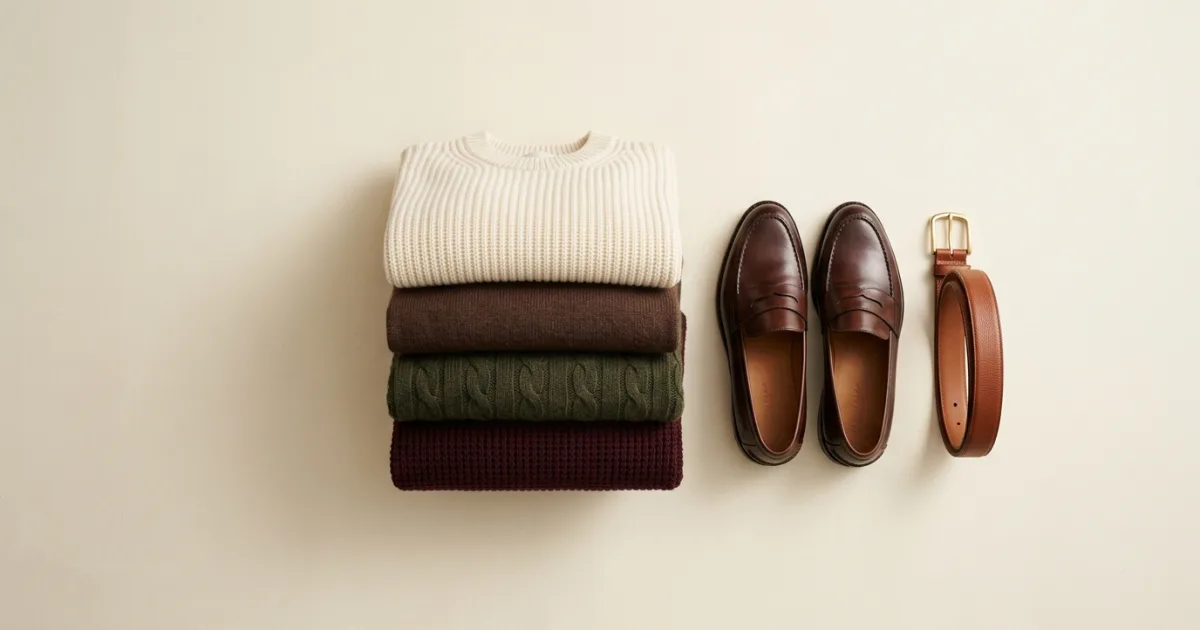 A curated stack of folded autumn knitwear in cream, chocolate brown, olive green, and burgundy beside dark brown loafers and a cognac leather belt on a warm ivory surface