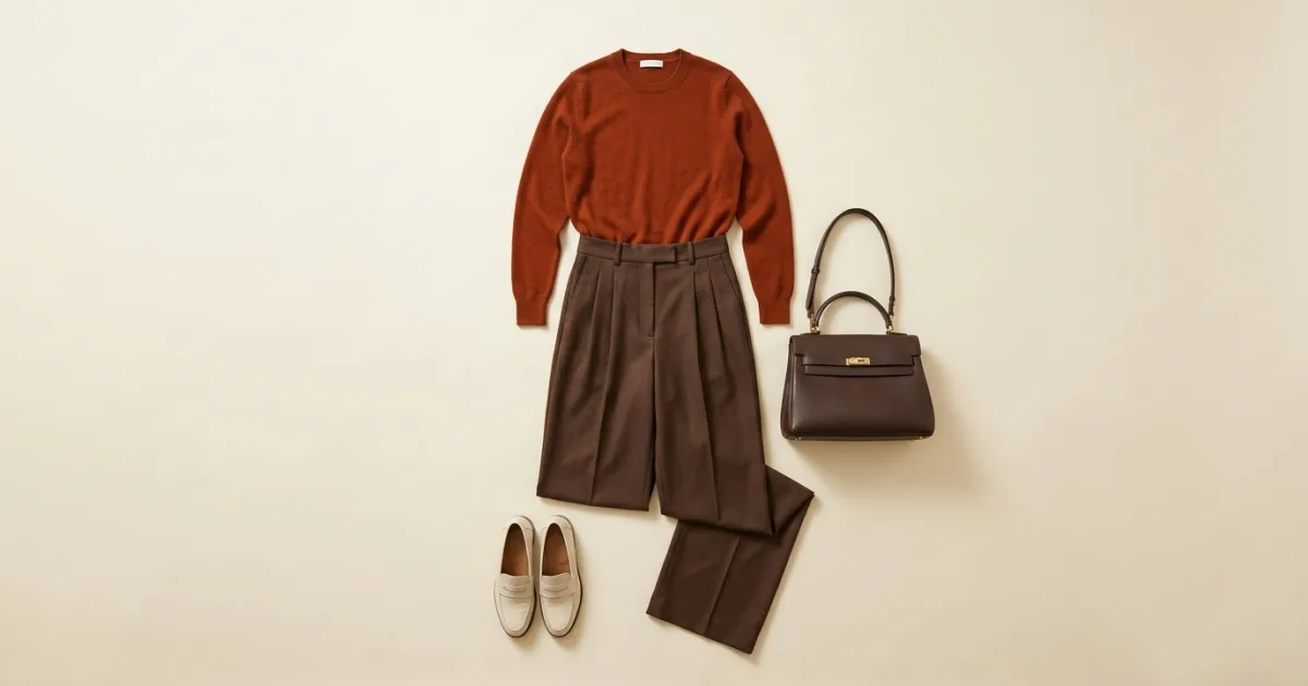 Kaschmirpullover in tiefem Burnt Orange, flach ausgelegt mit einer schokobraunen Bundfaltenhose, cremefarbenen Loafern und einer dunklen schokobraunen Handtasche auf einer warmen, elfenbeinfarbenen Fläche