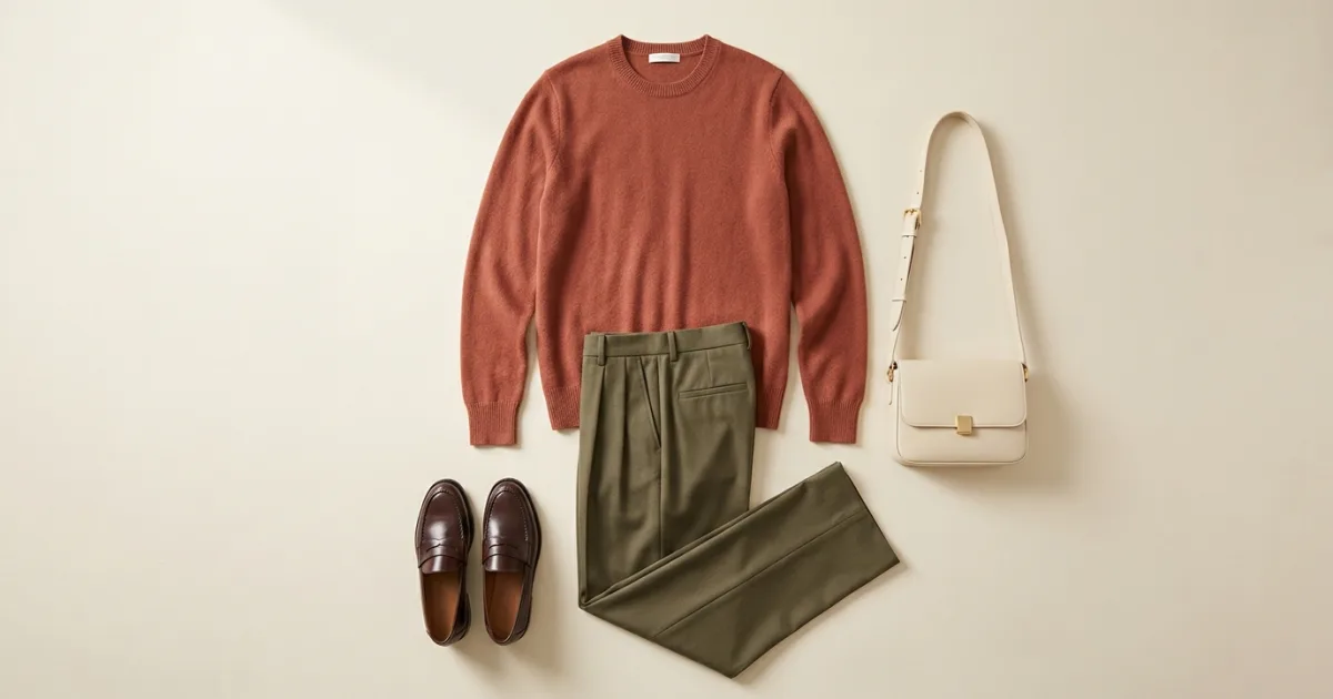 Kaschmirpullover in Terrakotta, flach ausgelegt mit einer olivgrünen Bundfaltenhose aus Wolle, dunklen schokobraunen Penny Loafern und einer cremefarbenen Ledertasche auf einer warmen, elfenbeinfarbenen Fläche