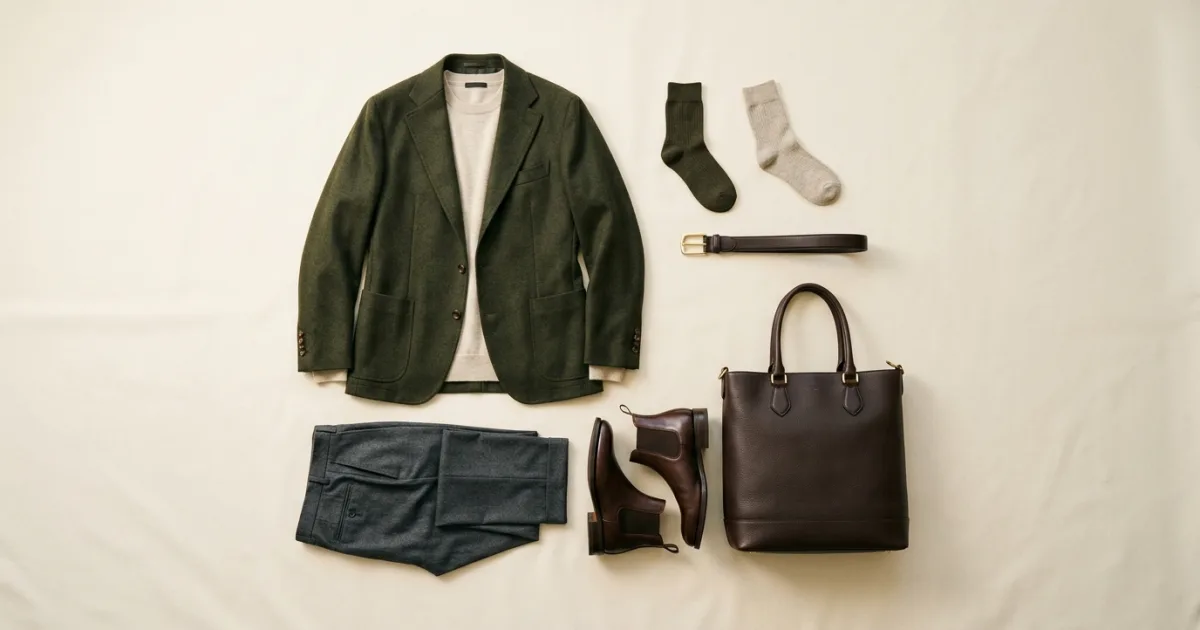 Olive-green tailored jacket layered over an oatmeal sweater with charcoal trousers, chelsea boots, and a chocolate leather tote on a warm ivory surface
