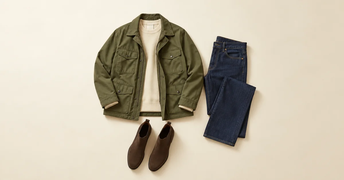 Olive field jacket with a cream knit, dark indigo jeans and dark brown suede chelsea boots on an ivory surface