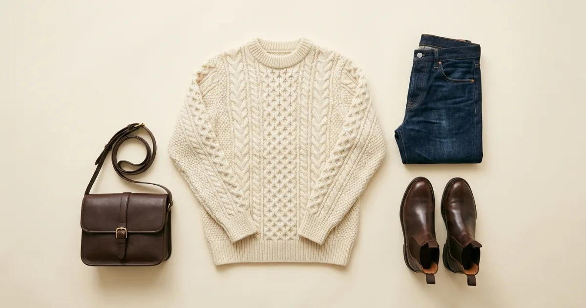 Cream chunky cable-knit fisherman sweater laid flat with dark indigo straight jeans, dark brown chelsea boots, and a chocolate leather bag on a warm ivory surface