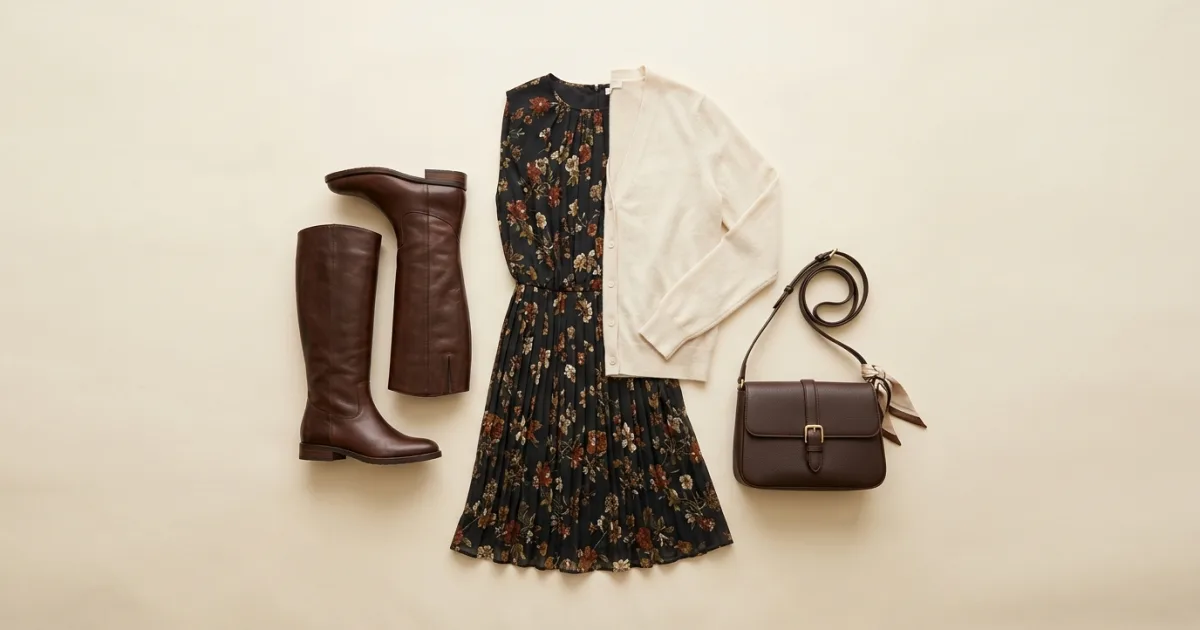 Tall dark brown knee-high leather riding boots laid flat with a floral pleated midi dress, cream cardigan, and brown leather bag on a warm ivory surface