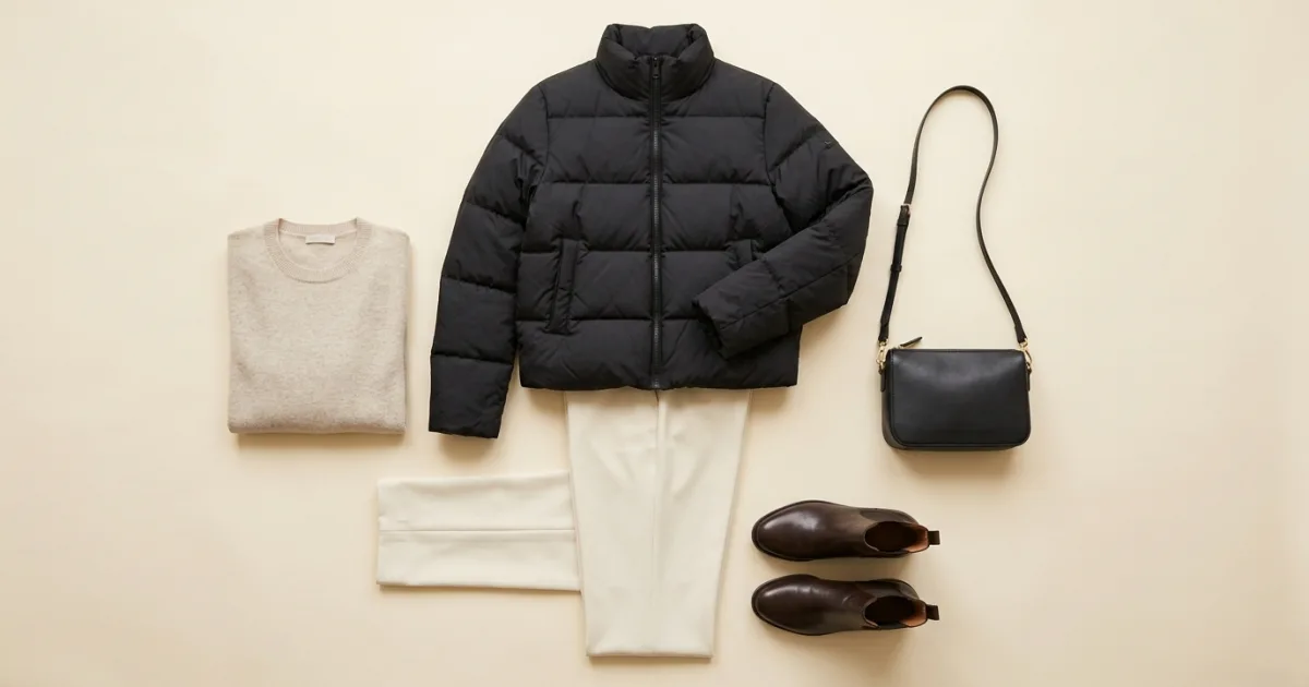 Matte black minimalist cropped puffer jacket laid flat with cream trousers, oatmeal cashmere knit, chelsea boots, and a black crossbody bag on a warm ivory surface