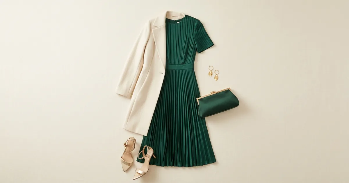 Deep emerald-green pleated silk midi dress draped with a cream wool coat, metallic gold heeled sandals, satin clutch, and gold earrings on a warm ivory surface