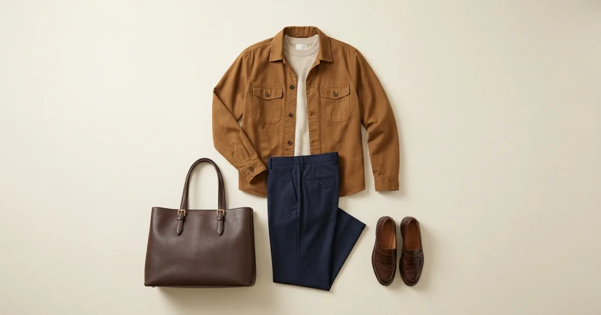 Camel cotton overshirt layered over an oatmeal sweater with navy trousers, dark chocolate penny loafers, and a leather tote on a warm ivory surface