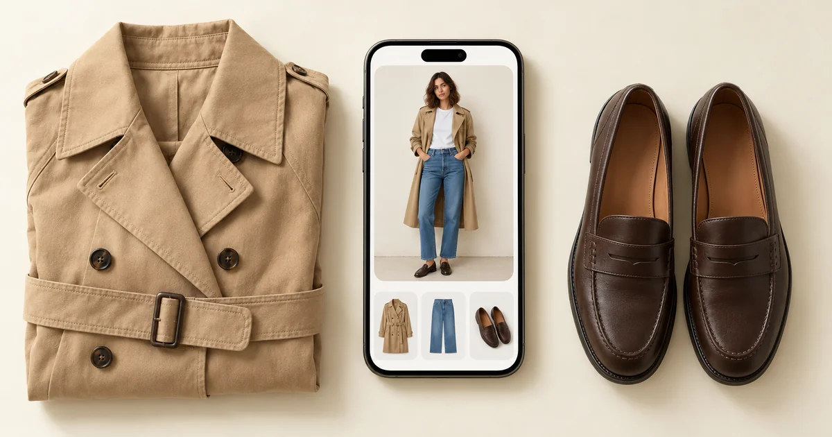 Ponsel menampilkan wanita memakai trench coat camel, kaus putih, dan jeans biru, di samping trench coat yang terlipat dan loafer cokelat tua