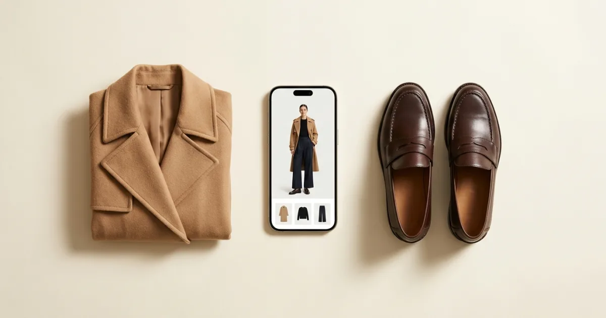 Ein Smartphone im Hochformat zeigt ein Outfit mit Mantel in Camel, daneben ein taillierter Trenchcoat aus Camel-Wolle und dunkle schokobraune Loafer auf einer warmen, elfenbeinfarbenen Fläche