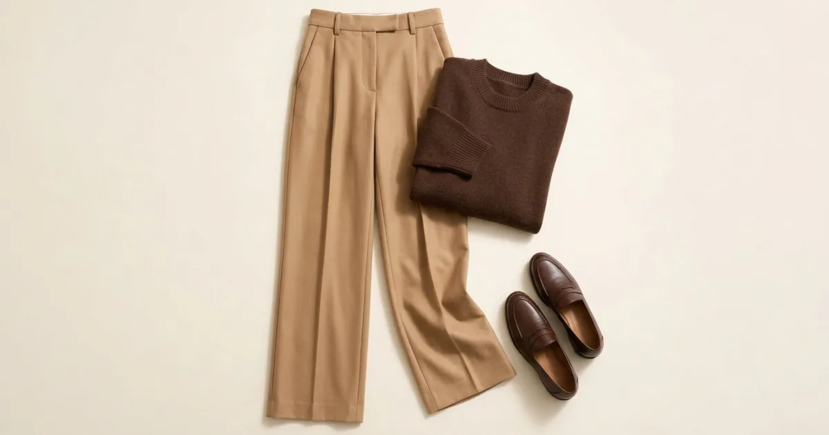 Tan wide-leg trousers shown with a chocolate brown jumper and brown loafers