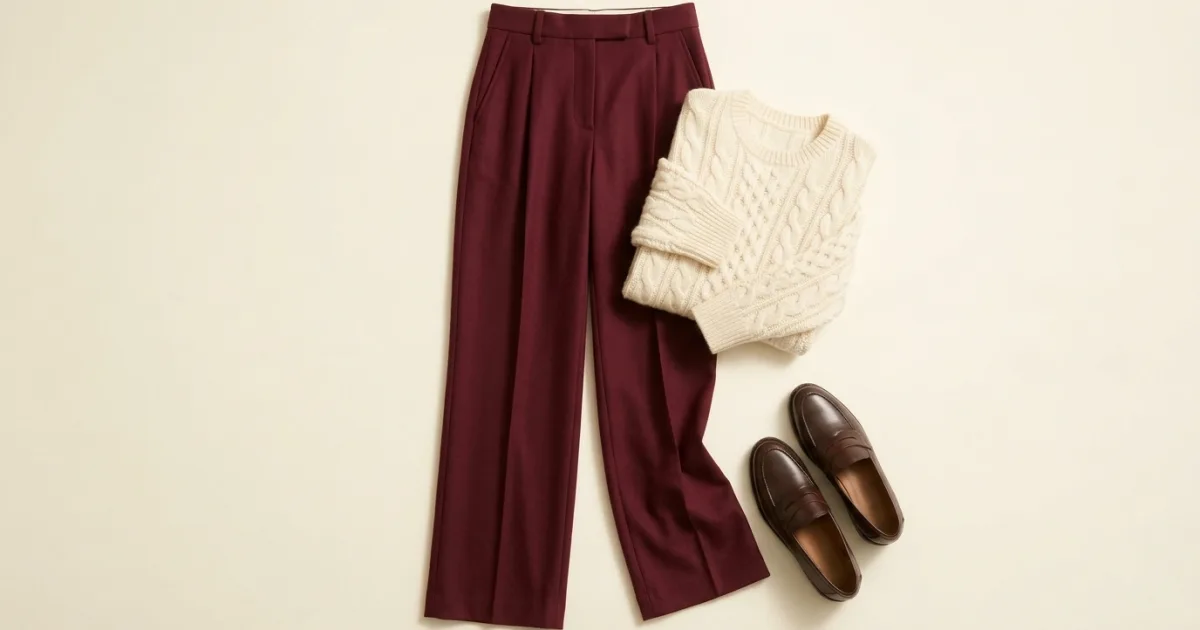 Weite Hose in Weinrot mit einem cremefarbenen Zopfstrickpullover und braunen Loafern