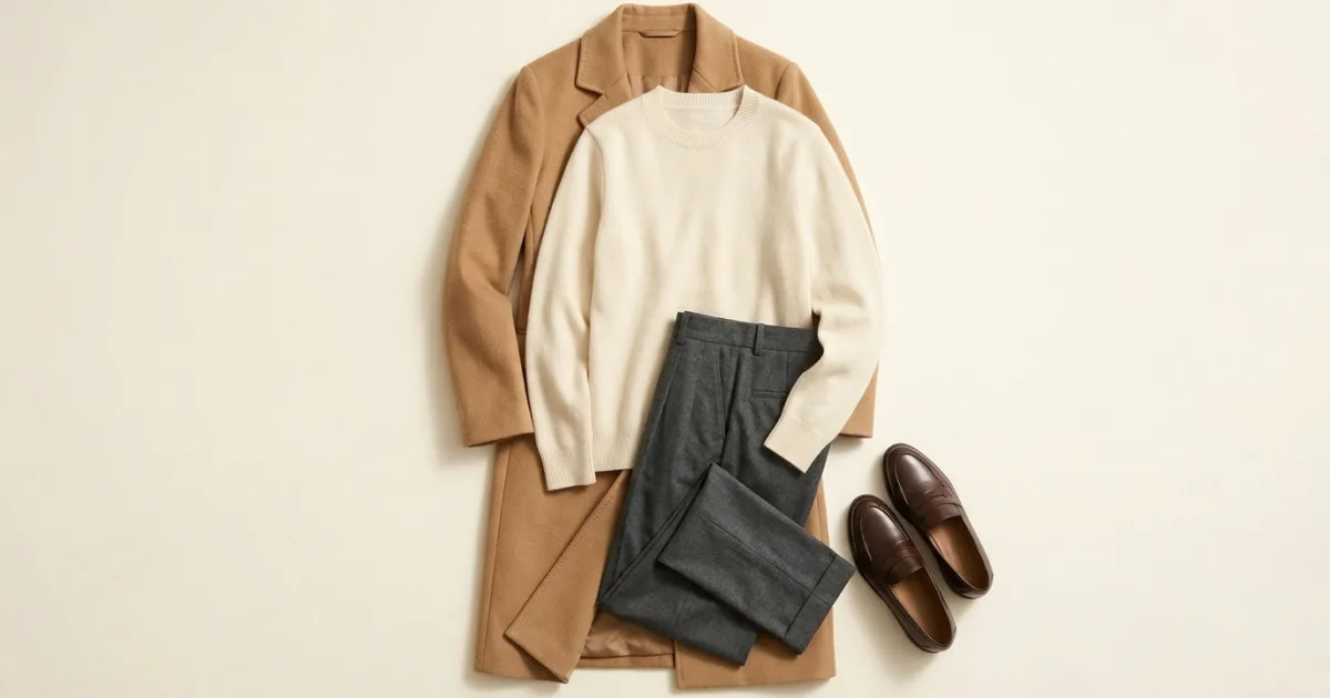 A tailored camel wool coat laid flat with an ivory knit sweater, charcoal grey trousers, and chocolate brown leather loafers on a warm ivory background