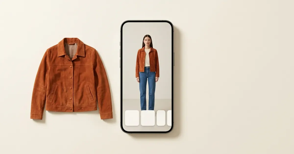 Phone showing a model in a rust suede jacket beside the same jacket laid flat on a warm ivory surface