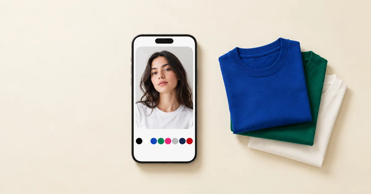 Phone showing a portrait above cool winter colour swatches, next to folded cobalt, emerald and white tops