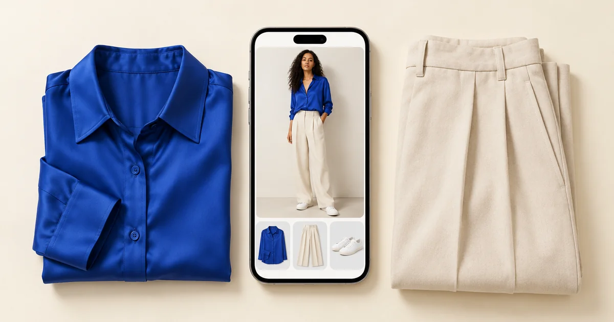 Phone showing a woman in a cobalt silk shirt and ecru wide-leg trousers, next to the same shirt and trousers folded