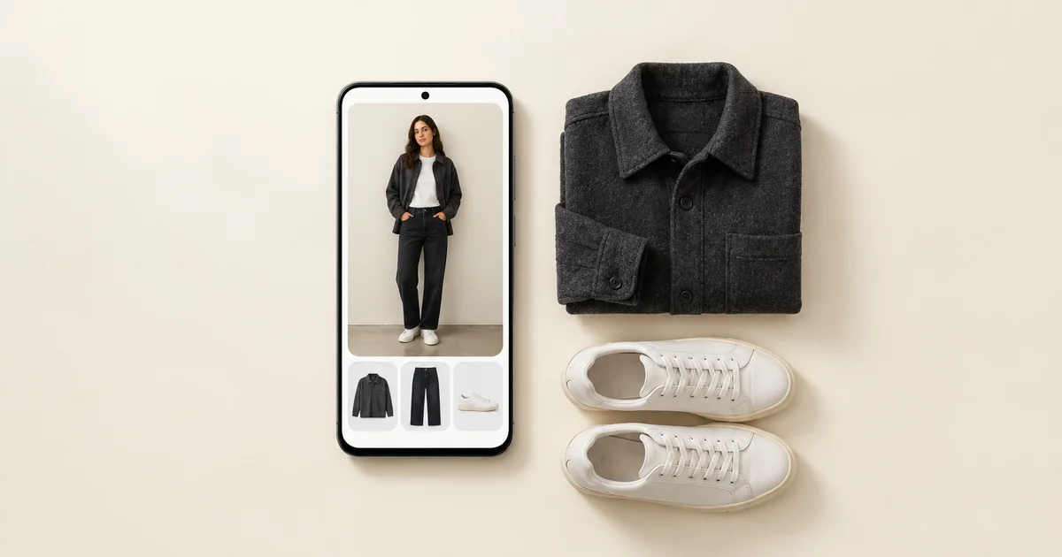Android phone showing a woman in a charcoal overshirt, dark jeans and white sneakers, next to the same overshirt and sneakers