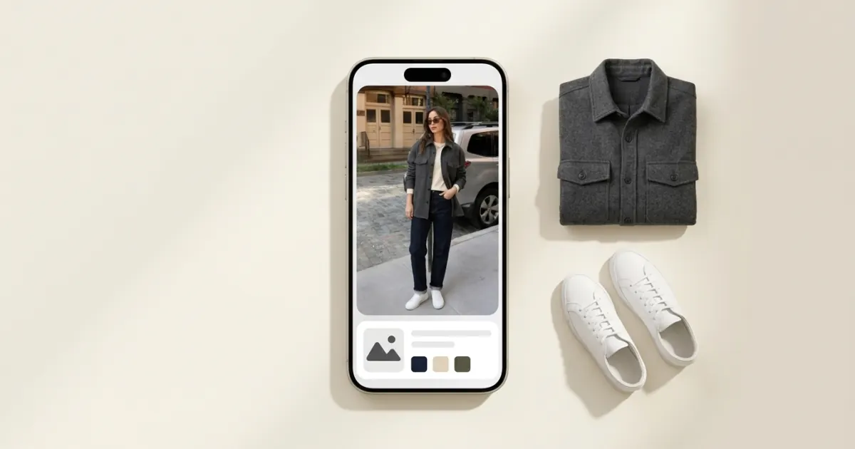 A portrait smartphone previewing a styled autumn outfit beside a charcoal wool overshirt and white leather sneakers on a warm ivory surface