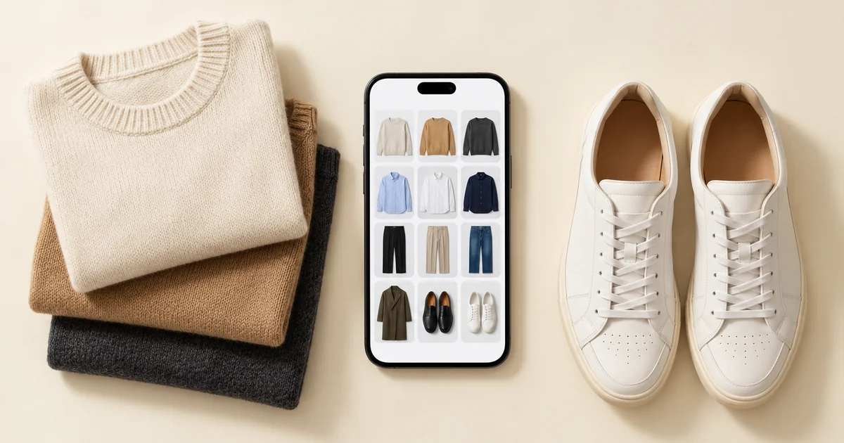 Phone showing a grid of catalogued clothes next to folded cream, camel and charcoal knits and white sneakers