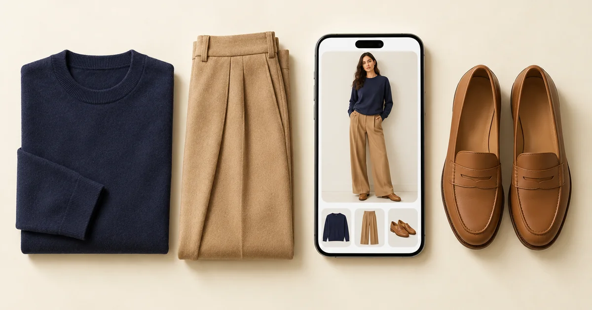 Phone showing a woman in a navy jumper, camel trousers and tan loafers, next to the same three pieces laid flat