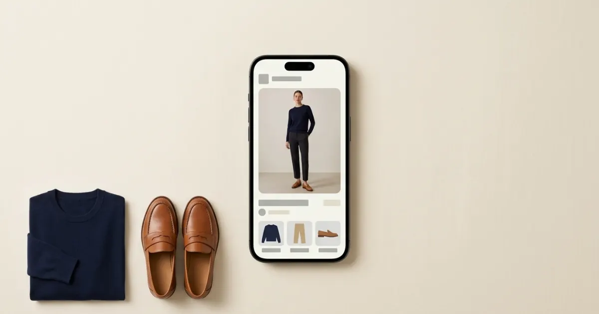 A portrait smartphone previewing a styled outfit beside a navy knit jumper and tan leather loafers on a warm ivory surface