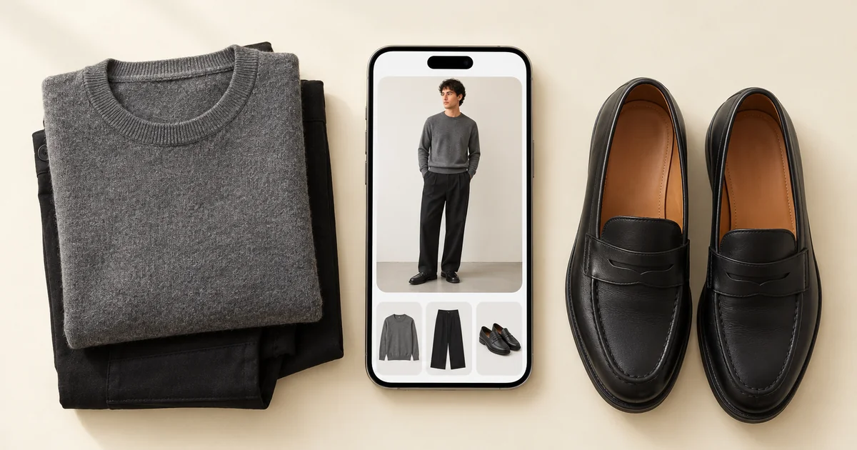 Phone showing a man in a grey jumper, black trousers and black loafers, next to the same three pieces