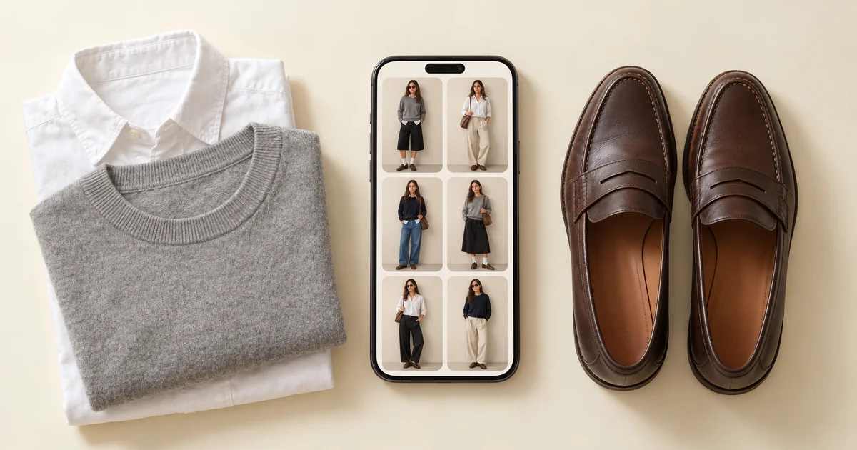 Phone showing a week of planned outfits as small photo tiles, next to a folded white shirt, a grey knit and brown loafers