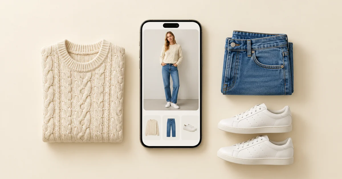 Phone showing a woman in a cream cable knit, blue jeans and white sneakers, next to the same three pieces