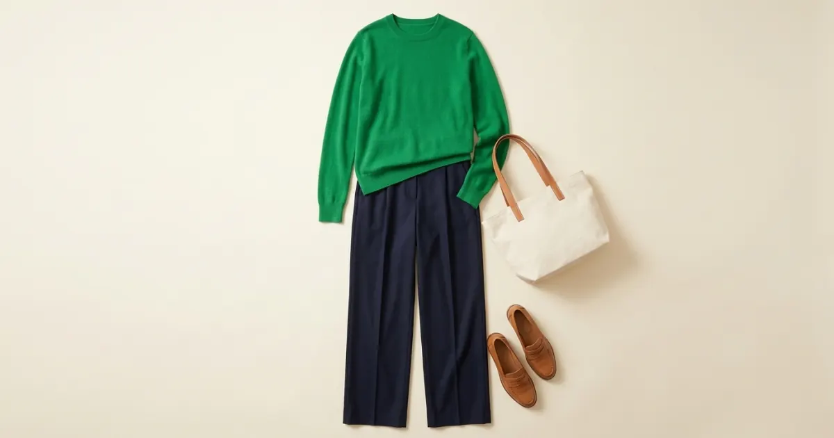 Kelly green crew-neck jumper laid with navy wide-leg wool trousers, tan leather penny loafers and a cream canvas tote on a warm ivory surface