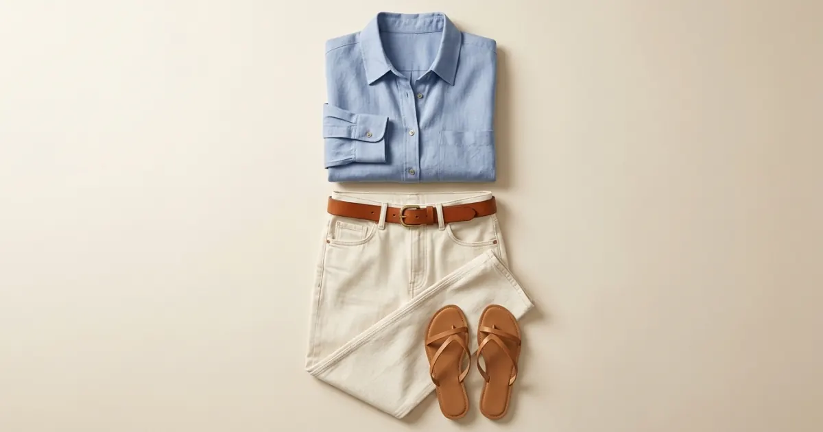 French blue linen button-up shirt laid with ecru straight jeans, a cognac leather belt and tan flat sandals on a warm ivory surface