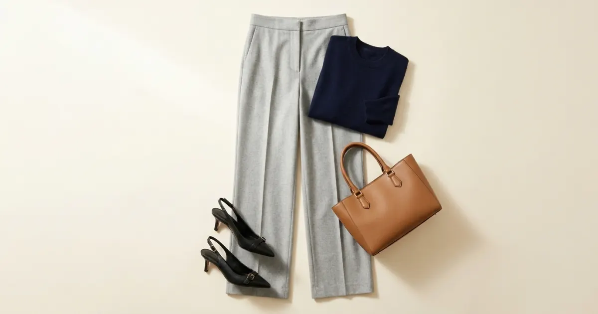 Light-grey wide-leg wool trousers laid flat with a navy crew-neck jumper, black slingback kitten heels and a camel leather tote on a warm ivory surface