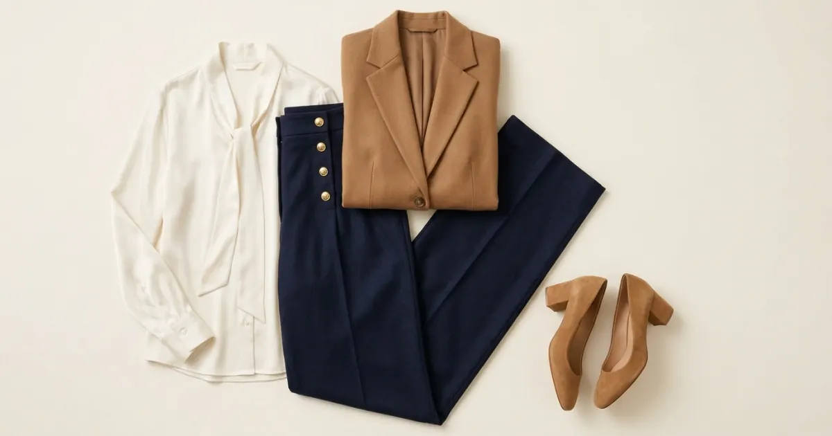 Navy wide-leg sailor trousers laid flat with an ivory tie-neck blouse, tan suede block-heel pumps and a folded camel blazer on a warm ivory surface
