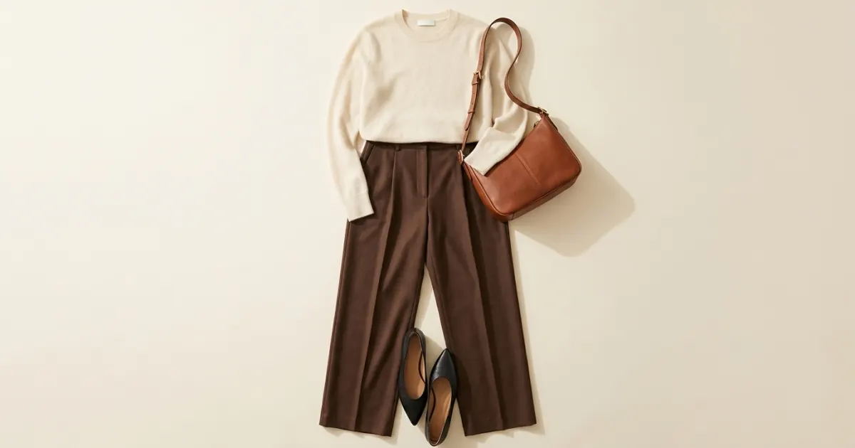 Chocolate brown wide-leg wool trousers laid flat with a cream crew-neck jumper, black pointed flats and a cognac leather shoulder bag on a warm ivory surface