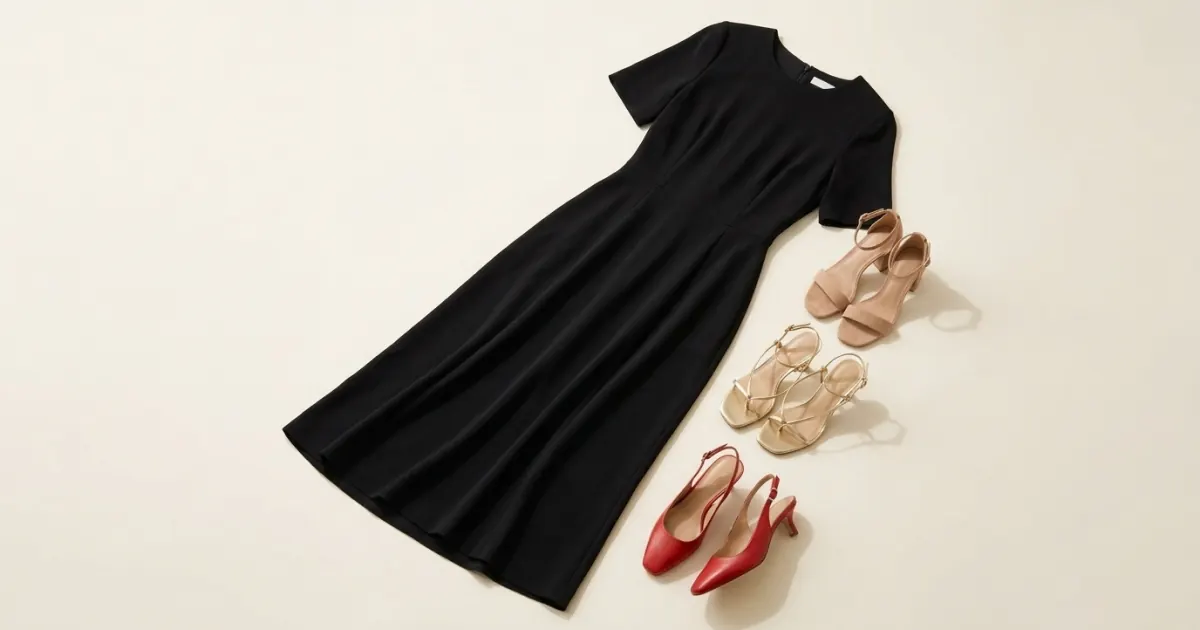 Black crepe midi dress laid flat with nude sandals, gold strappy heels and red kitten heels beside the hem on a warm ivory background