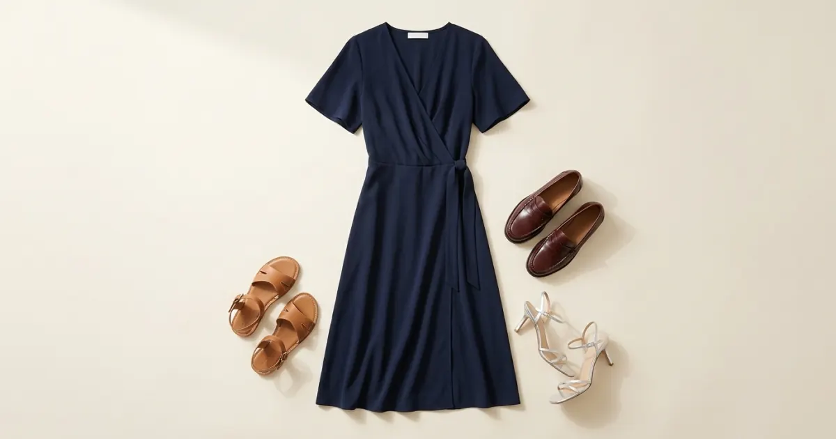 Navy crepe wrap dress laid flat with tan leather sandals, oxblood loafers and silver strappy heels on a warm ivory background
