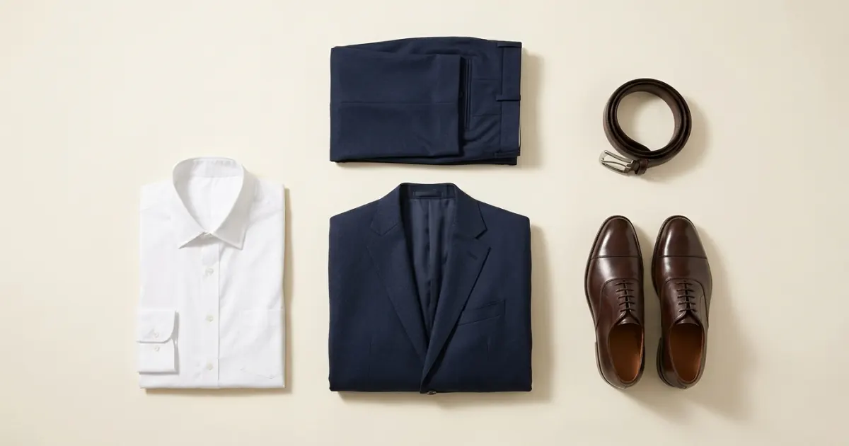 Folded navy wool suit with a white poplin shirt, dark brown calf oxfords and a dark brown leather belt on a warm ivory background