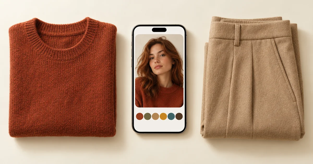 Phone showing a woman in a rust knit above a row of warm autumn colour swatches, next to a folded rust knit and camel trousers