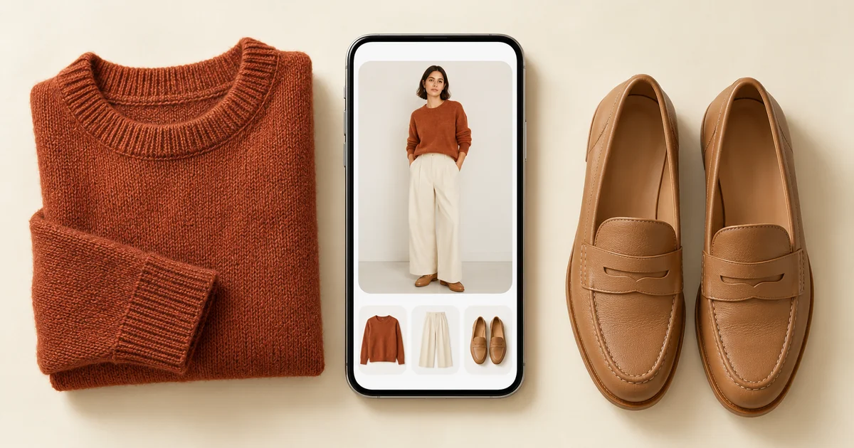 Phone showing a woman in a rust knit, wide cream trousers and tan loafers, next to the same knit and loafers