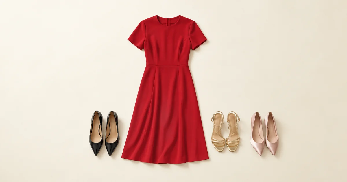 Red crepe midi dress laid flat with black patent pointed courts, gold strappy heeled sandals and blush satin kitten heels on a warm ivory background