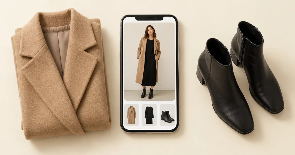 Phone showing a woman in a camel wool coat, black knit dress and black ankle boots, next to the same coat and boots