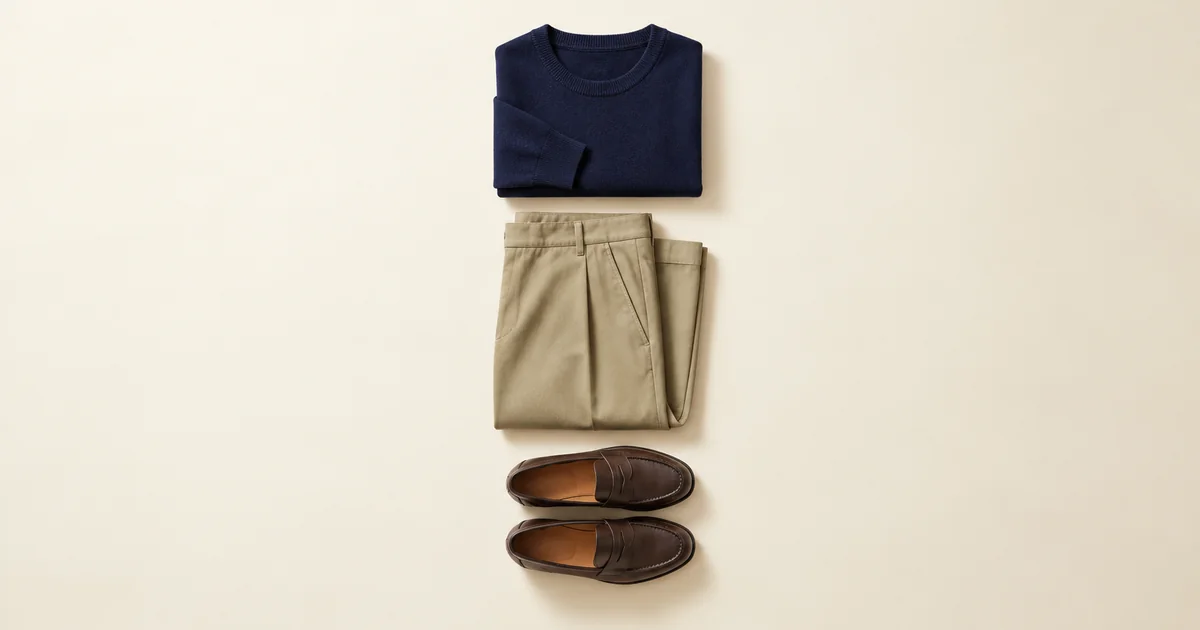 Khaki straight-leg trousers laid flat with a navy merino jumper and dark brown leather loafers on a warm ivory surface
