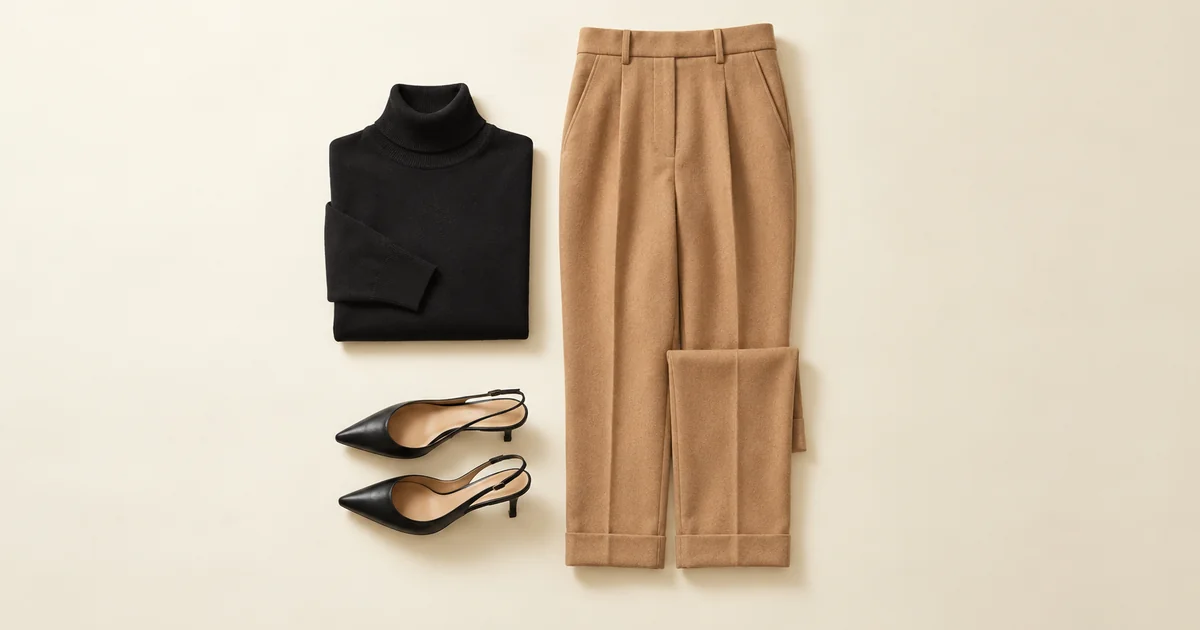 Camel tailored trousers laid flat with a black fine-knit turtleneck and black pointed slingbacks on a warm ivory surface