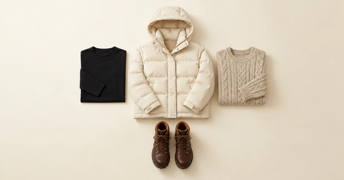 Cream ski jacket laid flat with a black merino base layer, an oatmeal cable-knit jumper and brown lace-up snow boots on a warm ivory background