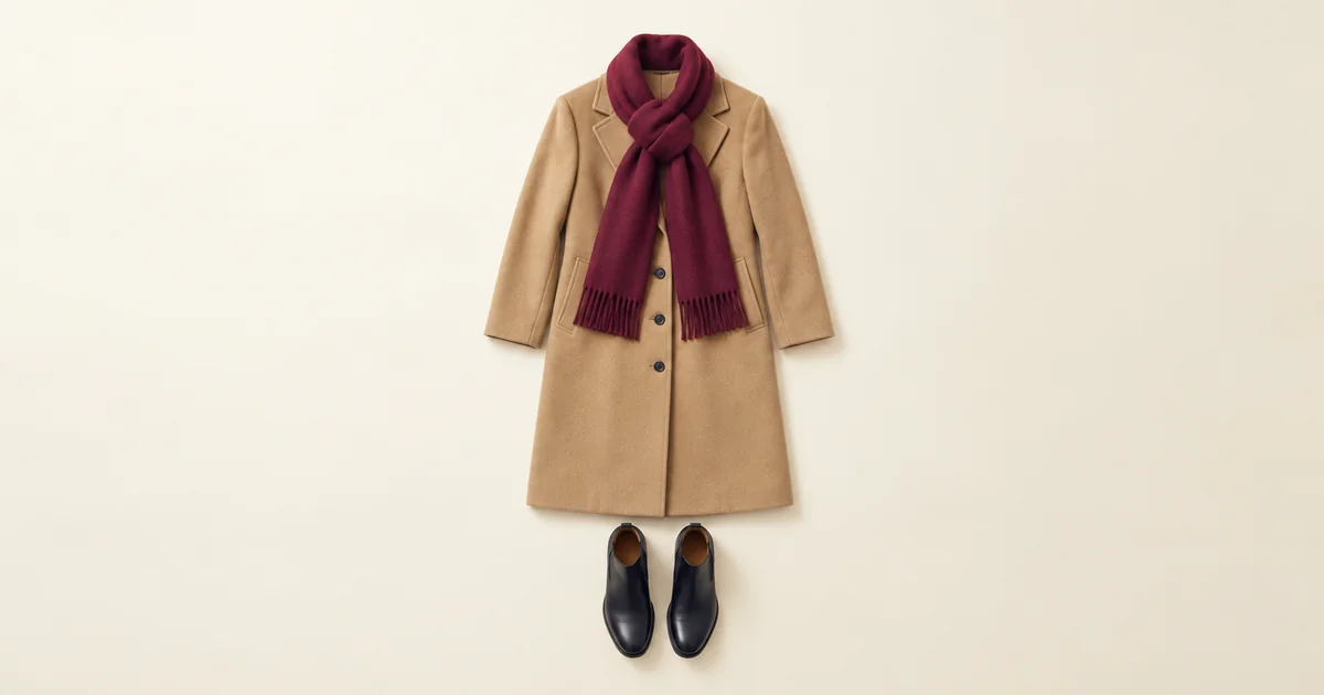 Camel wool coat laid flat with a burgundy wool scarf tied in a loop knot at the collar and black leather ankle boots on a warm ivory background